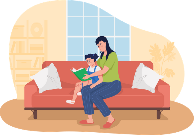 Mother reading book to daughter  Illustration