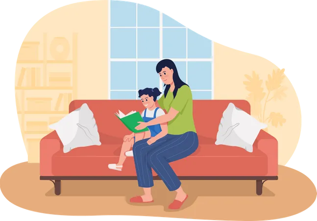 Mother reading book to daughter  Illustration