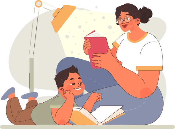 Mother reading book with child  イラスト