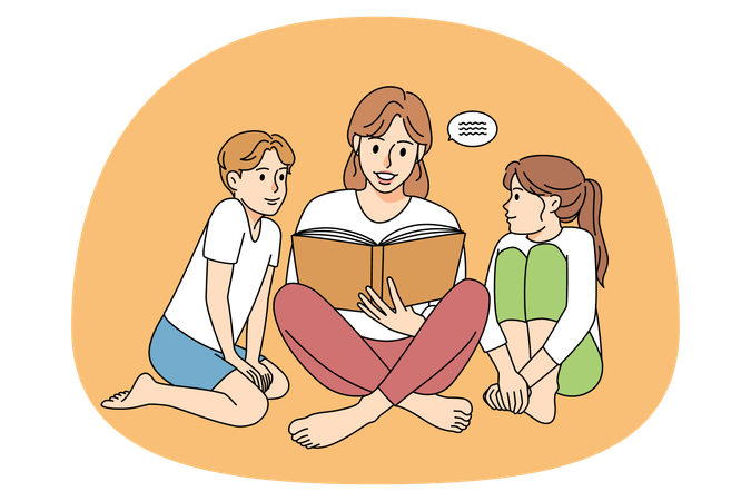 Mother reading book with children  Illustration