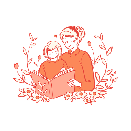 Mother reading book with daughter in floral setting  Illustration
