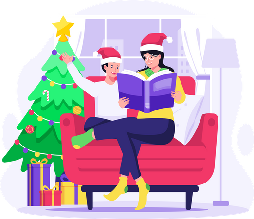 Mother reading fairy book to son and sitting on the sofa near the Christmas tree  Illustration