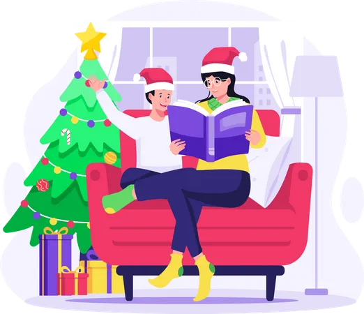 Mother reading fairy book to son and sitting on the sofa near the Christmas tree  Illustration