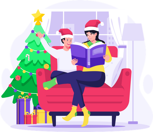 Mother reading fairy book to son and sitting on the sofa near the Christmas tree Illustration