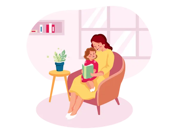 Mother reading fairy tale book to a baby daughter at home  Illustration