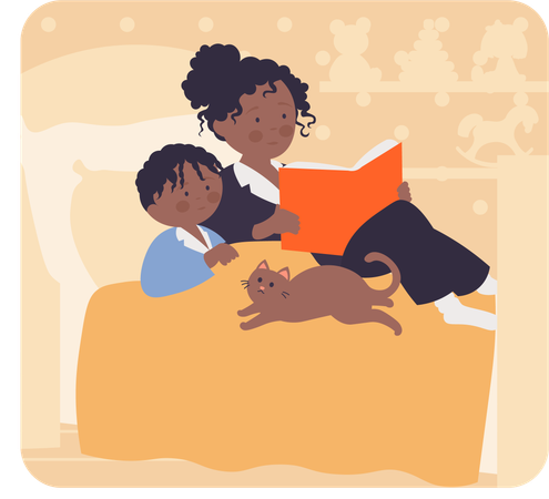 Mother reading story book with son  Illustration