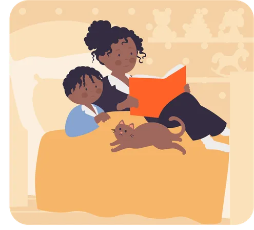 Mother reading story book with son  Illustration