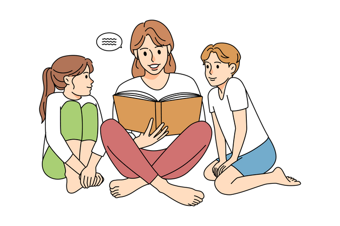 Mother reading story to kids  Illustration