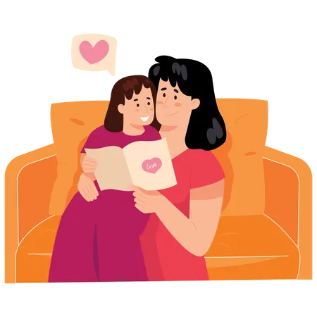 Mother Reading to her Daughter  Illustration