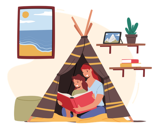 Mother Reading With Little Daughter Sitting In Toy Wigwam In Kids Room. Happy Family Characters Spending Time Together Illustration