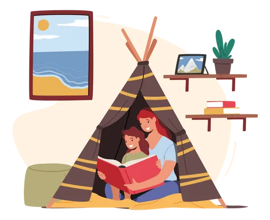 Mother Reading With Little Daughter Sitting In Toy Wigwam In Kids Room Happy Family Characters Spending Time Together Mom Read Fairy Tale Before Sleeping To Girl Cartoon People Vector Illustration Illustration