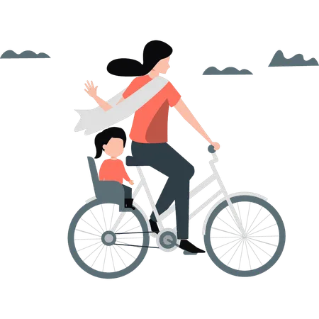 The Girl Is Riding A Bicycle With A Kid Illustration