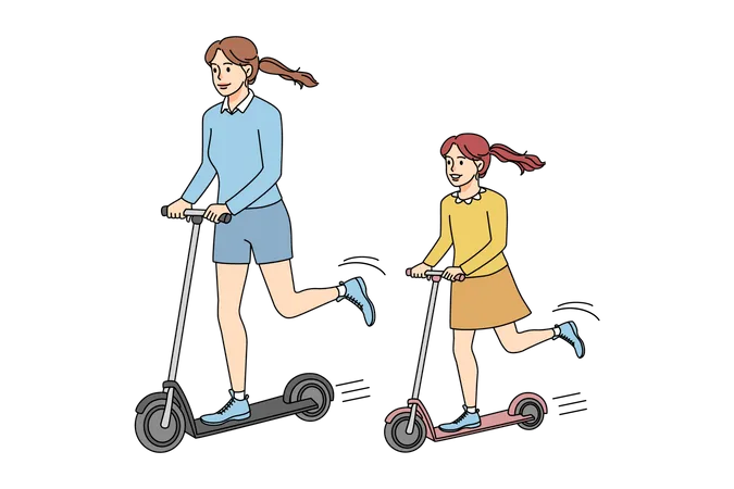 Mother riding push scooter with daughter  Illustration