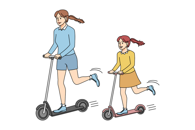 Mother riding push scooter with daughter  Illustration