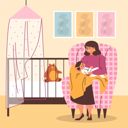 Mother rock sleeping baby in her arms  Illustration