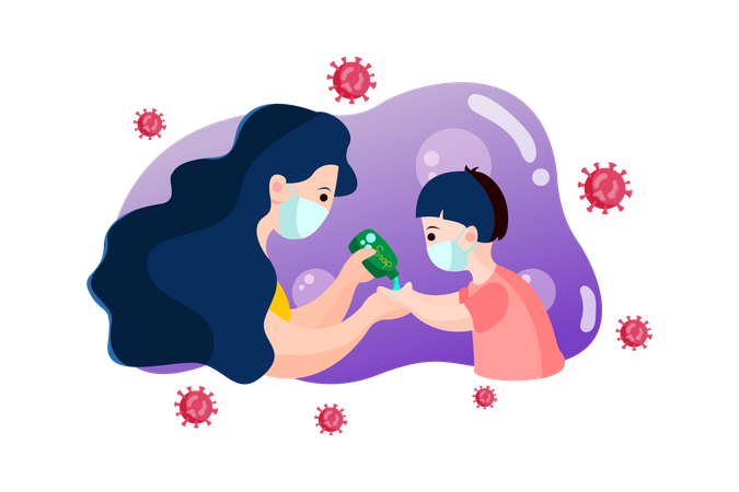 Mother sanitizing her boy's hand  Illustration