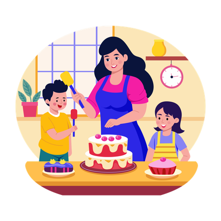 Mother serving cake to children  Illustration