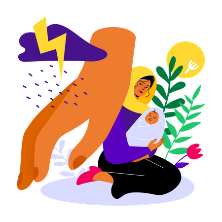 Mother sheltering a baby from a storm and a thunder  Illustration