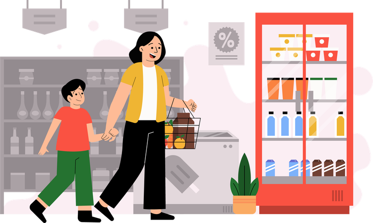Mother shopping at grocery store with son  Illustration
