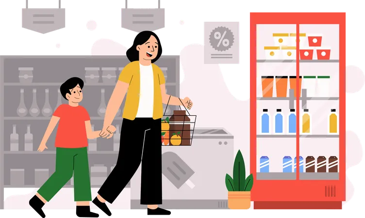 This Dynamic Illustration Of Mother And Son Shopping At A Grocery Supermarket Makes It The Perfect Choice For Promoting And Educating Individuals And Businesses On The Exciting World Of Grocery Retail It Is An Excellent Choice For Web Design Posters And Promotions The Adaptable Design And Versatility Of Illustrations Whether Used For Educational Or Promotional Purposes These Illustrations Are Sure To Capture The Attention And Imagination Of Anyone Interested In The World Of Wholesale Retail Illustration