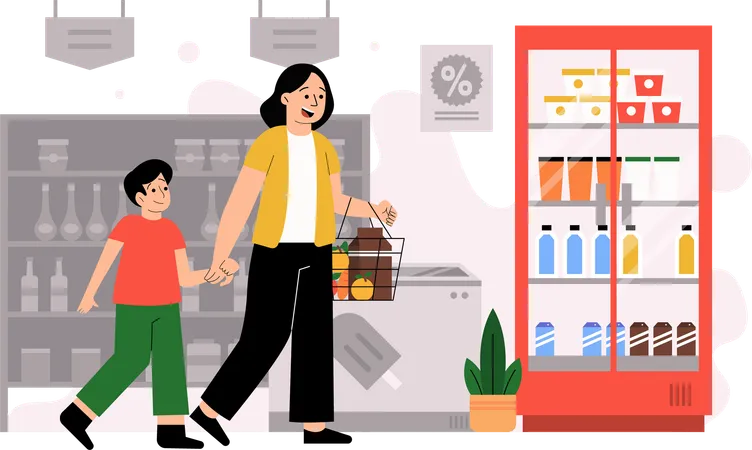 Mother shopping at grocery store with son  Illustration