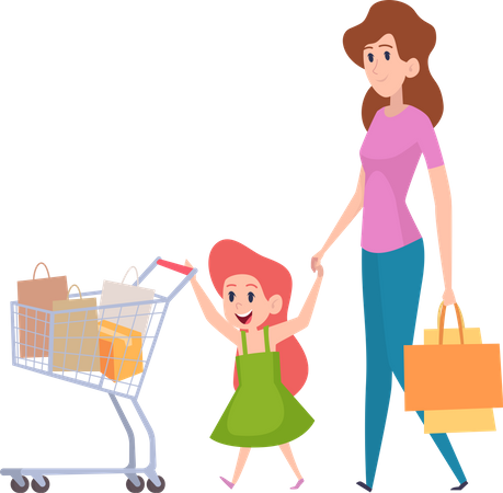 Mother shopping groceries with daughter Illustration