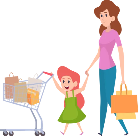 Mother shopping groceries with daughter  Illustration