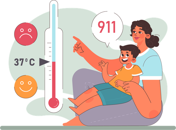 Mother showing temperature of thermometer  Illustration