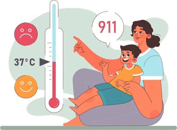 Mother showing temperature of thermometer  Illustration