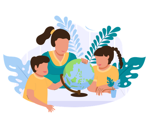 Mother showing the globe to her children Illustration