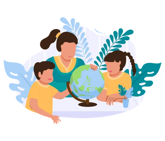 Mother showing the globe to her children  Illustration