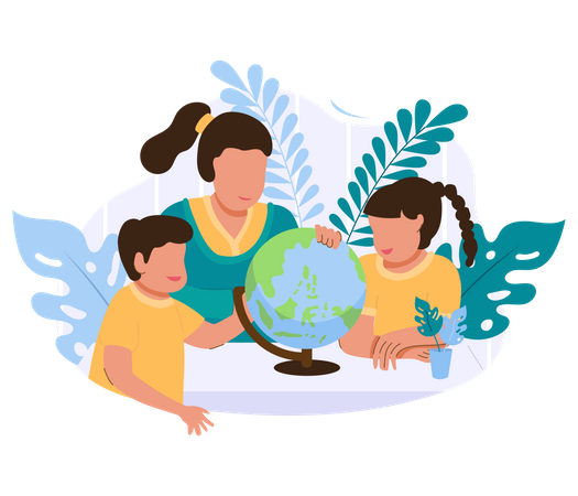 Mother showing the globe to her children  Illustration
