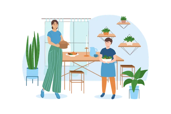 Blue Concept Kitchen With People Scene In The Flat Cartoon Design Mother Shows Her Son How To Properly Cook Dinner Vector Illustration Illustration