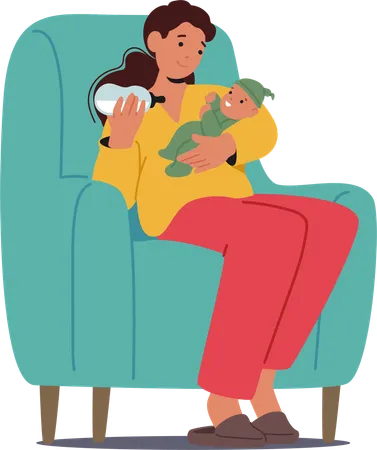 Mother Sits In Armchair Feeding Newborn Baby With Bottle  Illustration