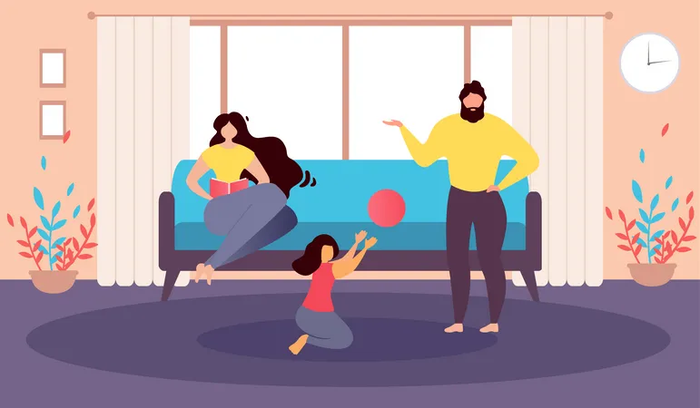 Mother Sits on Couch Reading Book and Father Playing Ball with Daughter  Illustration