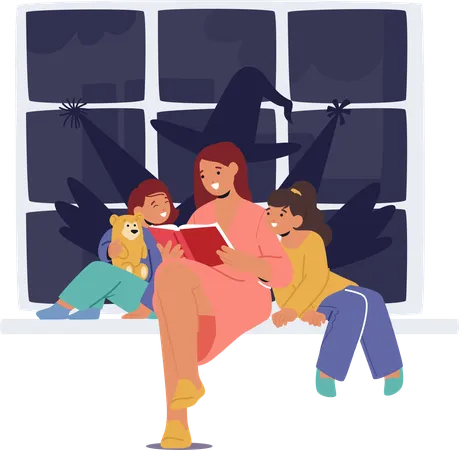 Mother Character Sits On A Windowsill Reads A Fairy Tale Book To Her Captivated Kids Nestled Beside Her Sparking Their Imaginations With Magic Stories At Bedtime Cartoon People Vector Illustration Illustration