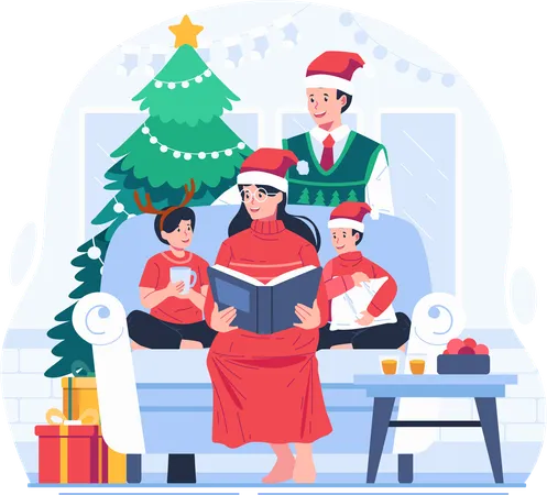 The Mother Sits With Her Two Children On The Cozy Sofa And Reads A Book Together Merry Christmas And Happy New Year Holiday Winter Celebration Illustration