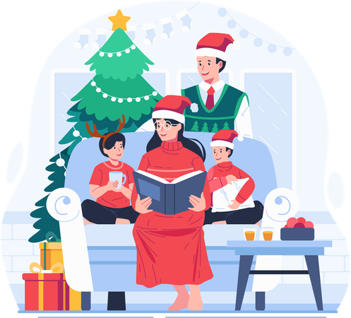 Mother Sits With Her Two Children on Sofa and Reads Book Together  Illustration