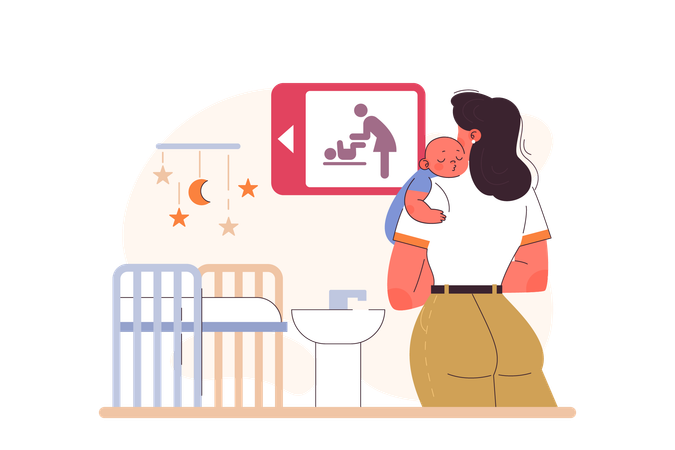 Mother sleeps her baby in public place  Illustration