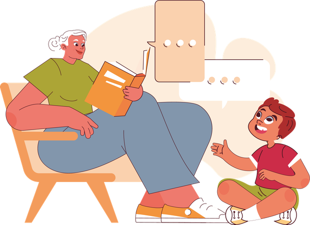 Mother speaks story from story book  Illustration