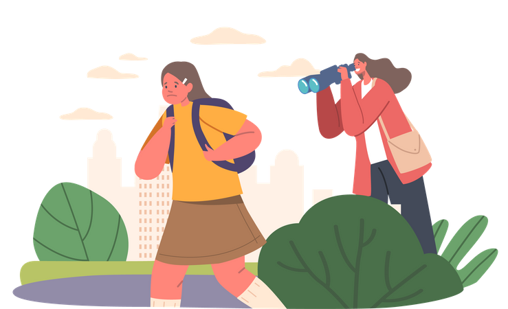 Mother Spying For Daughter Through Binoculars While She Walking To School  Illustration