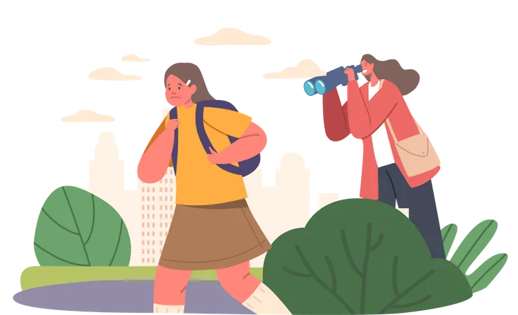 Mother Character Spying For Daughter Through Binoculars While She Walking To School Parental Supervision Is Restricting Childs Freedom And Sheltering From Every Risk Cartoon Vector Illustration Illustration