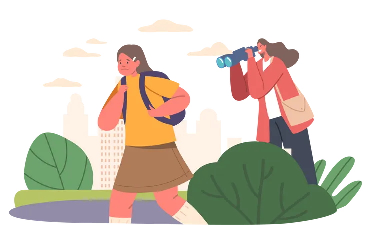 Mother Spying For Daughter Through Binoculars While She Walking To School  Illustration