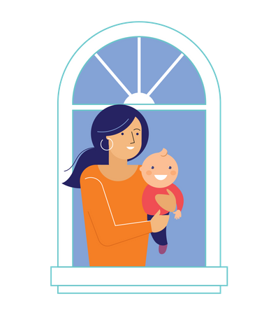 Mother standing in window with her child Illustration