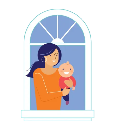 Mother standing in window with her child  Illustration
