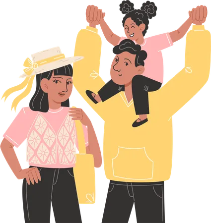 Mother standing next to father and father little daughter on his shoulders  Illustration