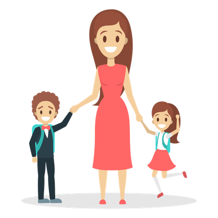 Mother standing with children Schoolkids with backpack  Illustration