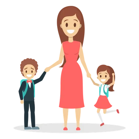 Mother Standing With Children Schoolkids With Backpack Holding Hands With Mom Pupil With Parent Flat Vector Illustration Illustration