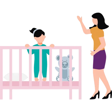 Mother stands by the baby's bed  Illustration