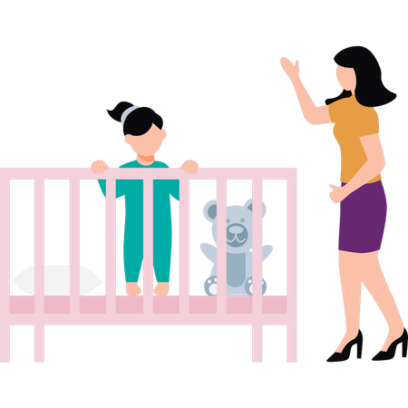 Mother stands by the baby's bed  Illustration